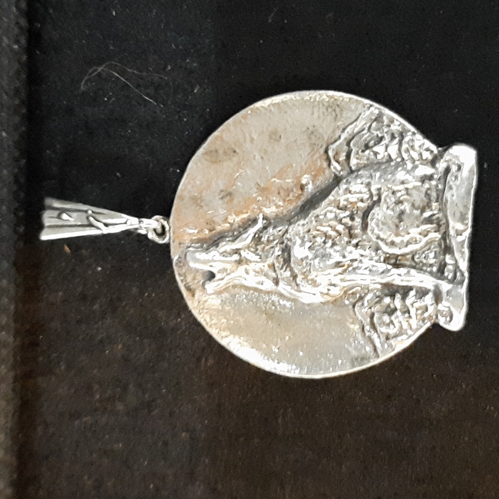 Silver Howling Wolf Medallion Pendant marked "925"